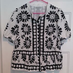 SHEIN Curve 3X Black & White Floral Geometric Print Peplum Blouse